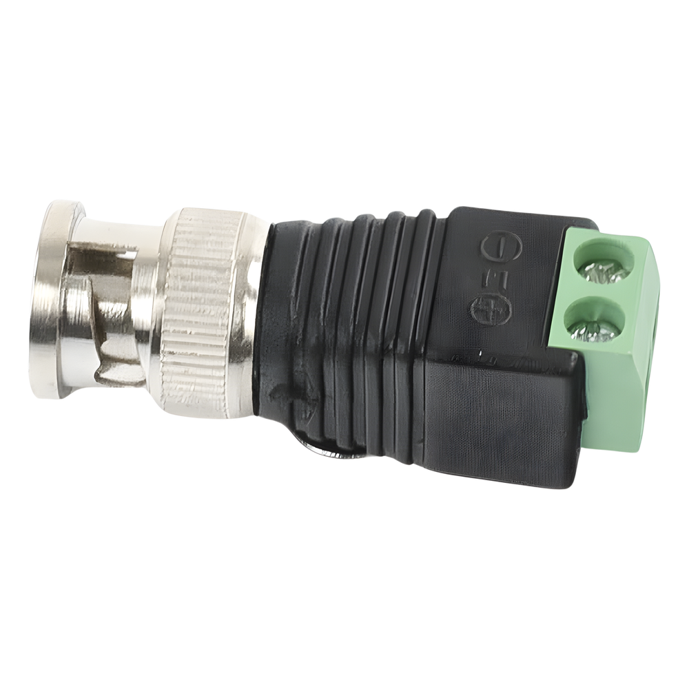 Adaptador de conector BNC macho a 2 terminales-tornillo para cables AWG-26-14, en aplicaciones Video Vigilancia, Níquel/ Oro/ PTFE y PVC.