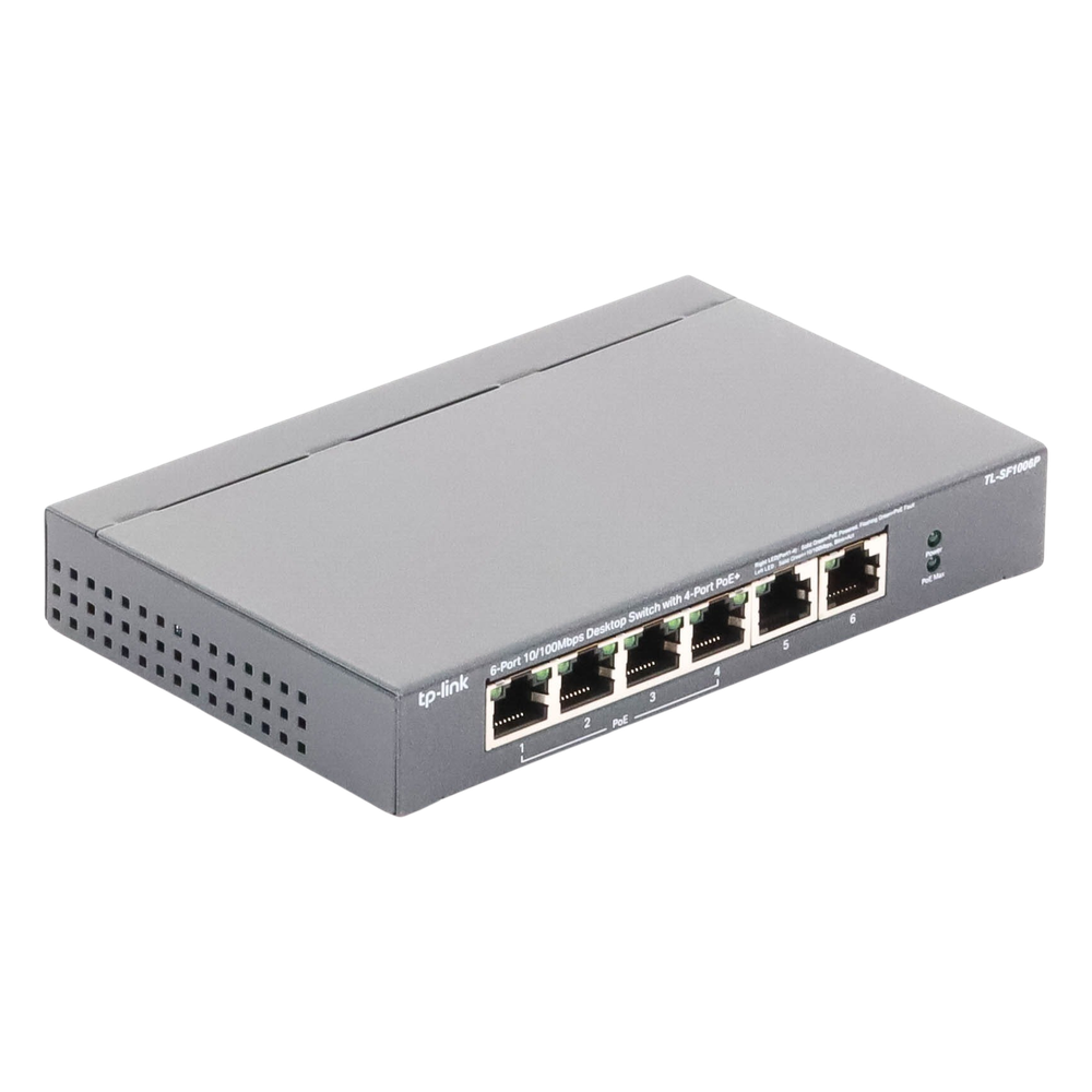 Switch PoE no Administrable de escritorio / 6 puertos 10/100 Mbps / 4 puertos PoE af/at / Presupuesto 67 W / Modo Extensor hasta 250 m / Calidad video prioritaria