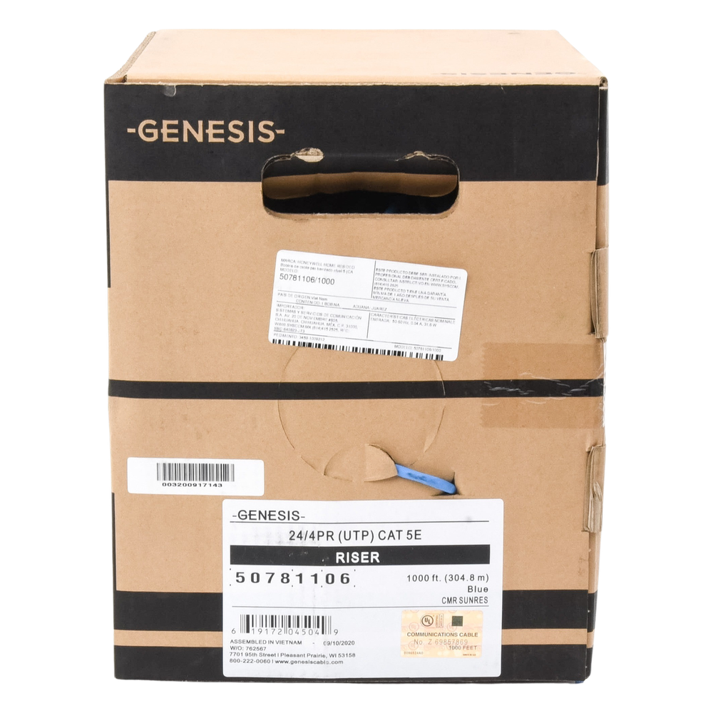 Bobina de 305 Metros (1000 Pies) Cable Par Trenzado Nivel 5 (CAT 5e) / CMR / Color Azul / 4 Pares de Conductores Sólidos de Cobre AWG 24 / Para Aplicaciones de CCTV, Redes de Datos, IP Megapixel, Control RS485