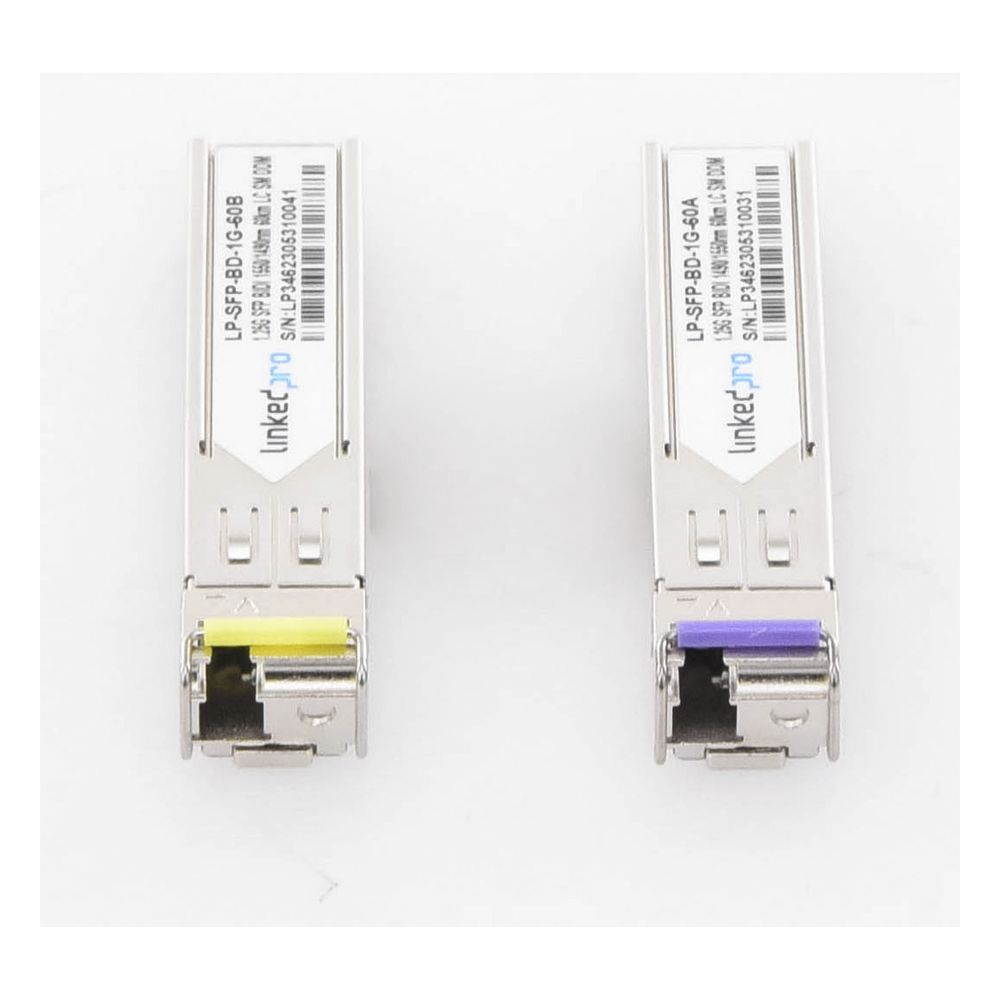 Transceptores Ópticos Bidireccionales SFP (Mini-Gbic) / Monomodo 1490 & 1550 nm / 1.25 Gbps / 1000BASE-BX / Conector LC/UPC Simplex / DDM / Hasta 60 km / 2 Piezas