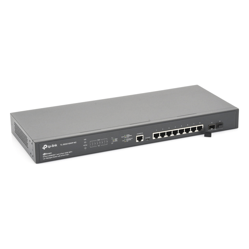 Switch L2+ Omada PoE+ / 8 Puertos PoE+ MultiGigabit 2.5G / 2 Puertos SFP+ 10G / 2 Puertos Consola (RJ45 y microUSB) / Administración Centralizada Omada o Stand-Alone / Multicast IGMP / Presupuesto PoE 240W / Montaje en Rack / (SG3210XHPM2)