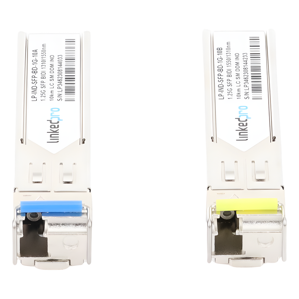 Transceptores Ópticos Industriales Bidireccionales SFP (Mini-Gbic) / Monomodo 1310 & 1550 nm / 1.25 Gbps / 1000BASE-BX / Conector LC/UPC Simplex / DDM / Hasta 10 km / 2 Piezas