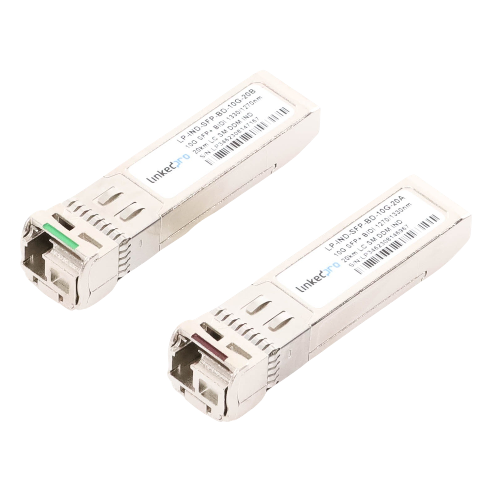 Transceptores Ópticos Industriales Bidireccionales SFP+ (Mini-Gbic) / Monomodo 1270 & 1330 nm / 10 Gbps / 10GBASE / Conector LC/UPC Simplex / DDM / Hasta 20 km / 2 Piezas