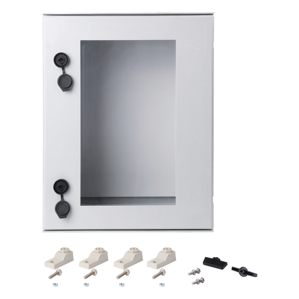 Gabinete de Poliéster IP65 Puerta Transparente, Uso en Intemperie (400 x 500 x 200 mm) con Placa Trasera Interior de Plástico (Incluye Chapa y Llave).