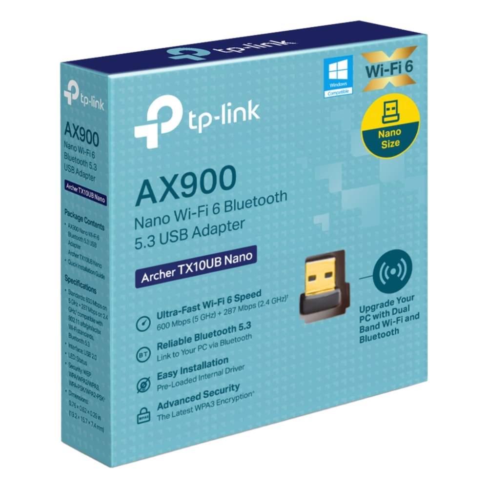 Adaptador USB Nano Wi-Fi 6 / Dual Band 600 Mbps en 5 GHz / 287 Mbps en 2.4 GHz / Bluetooth 5.3 BLE / WPA3 / Driver Pre-Cargado / 802.11ax
