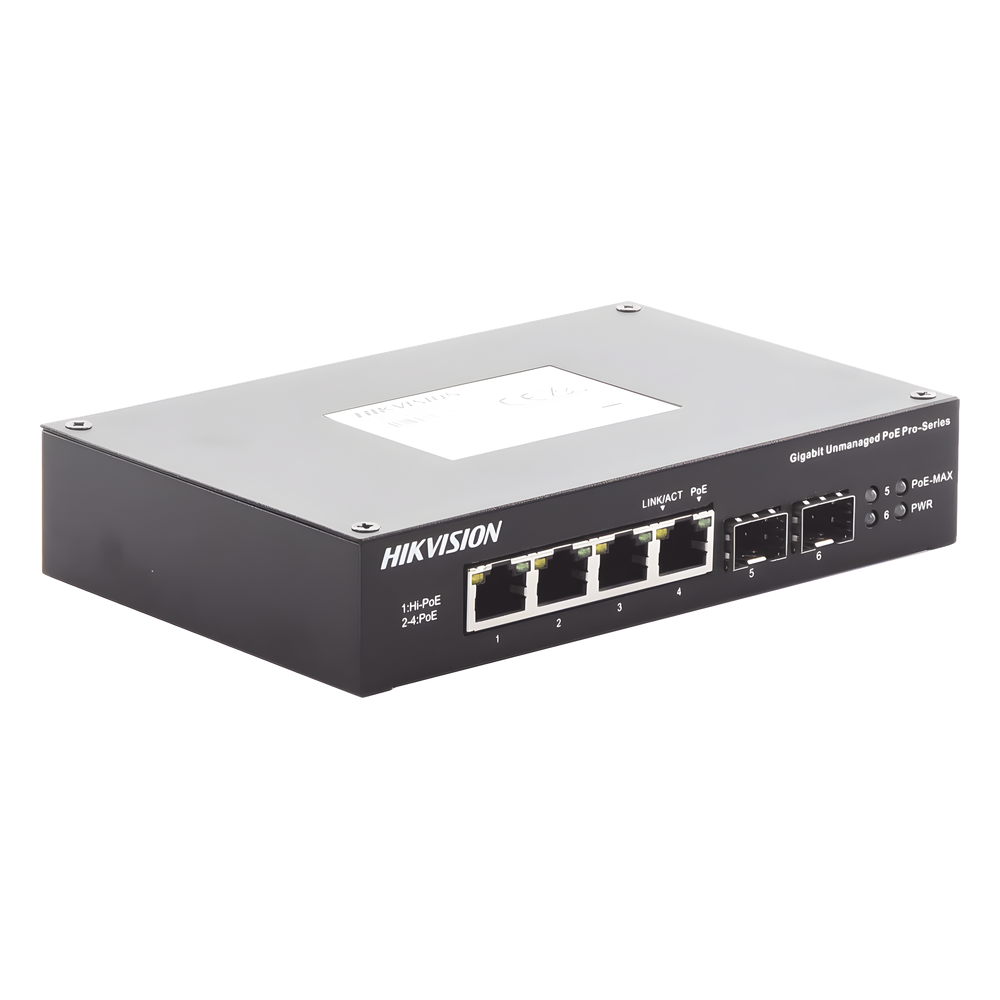 Switch Industrial No Administrable Gigabit / 3 Puertos Gigabit PoE+ (30 W) + 1 Puerto Gigabit PoE++ (60 W) / 2 Puertos SFP / 65 W Total / 48 a 57 VCD / Ideal para Proyectos / 300 Metros de Distancia