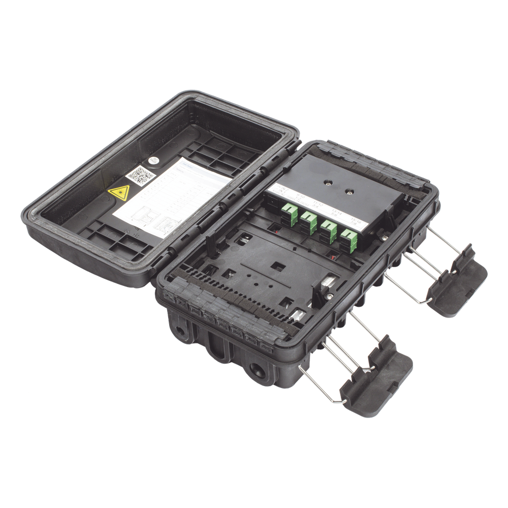 Caja de Distribución de Fibra Óptica para 24 Empalmes, con 8 acopladores SC/APC simplex, Exterior IP65, Color Negro