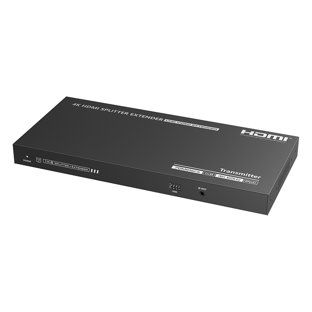 Kit Divisor y Extensor HDMI | 1x8 | Hasta 70 m |Resolución 4K @ 60 Hz | Cat 6/6a/7 | IPCOLOR | CERO LATENCIA | Puerto S/PDIF | EDID | RS232 | Salida Loop / PoC