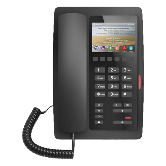 Teléfono IP Hotelero / Pantalla LCD Color 3.5" / 2 Líneas SIP / 6 Teclas Programables Hotline / Puerto USB Carga / PoE 802.3af / Personalizable con Logo Hotel