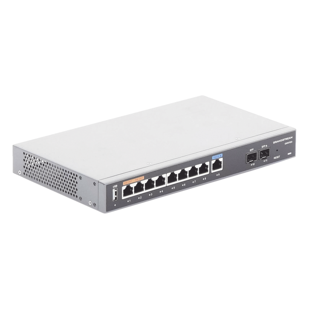 Router Gigabit VPN / Balanceador de cargas / 60,000 sesiones NAT / 9 puertos 10/100/1000 Mbps + 2 puertos SFP (WAN/LAN) / 1 puerto entrada PoE(af/at) / 2 puertos salida PoE (af/at) / Compatible con GWN Cloud.