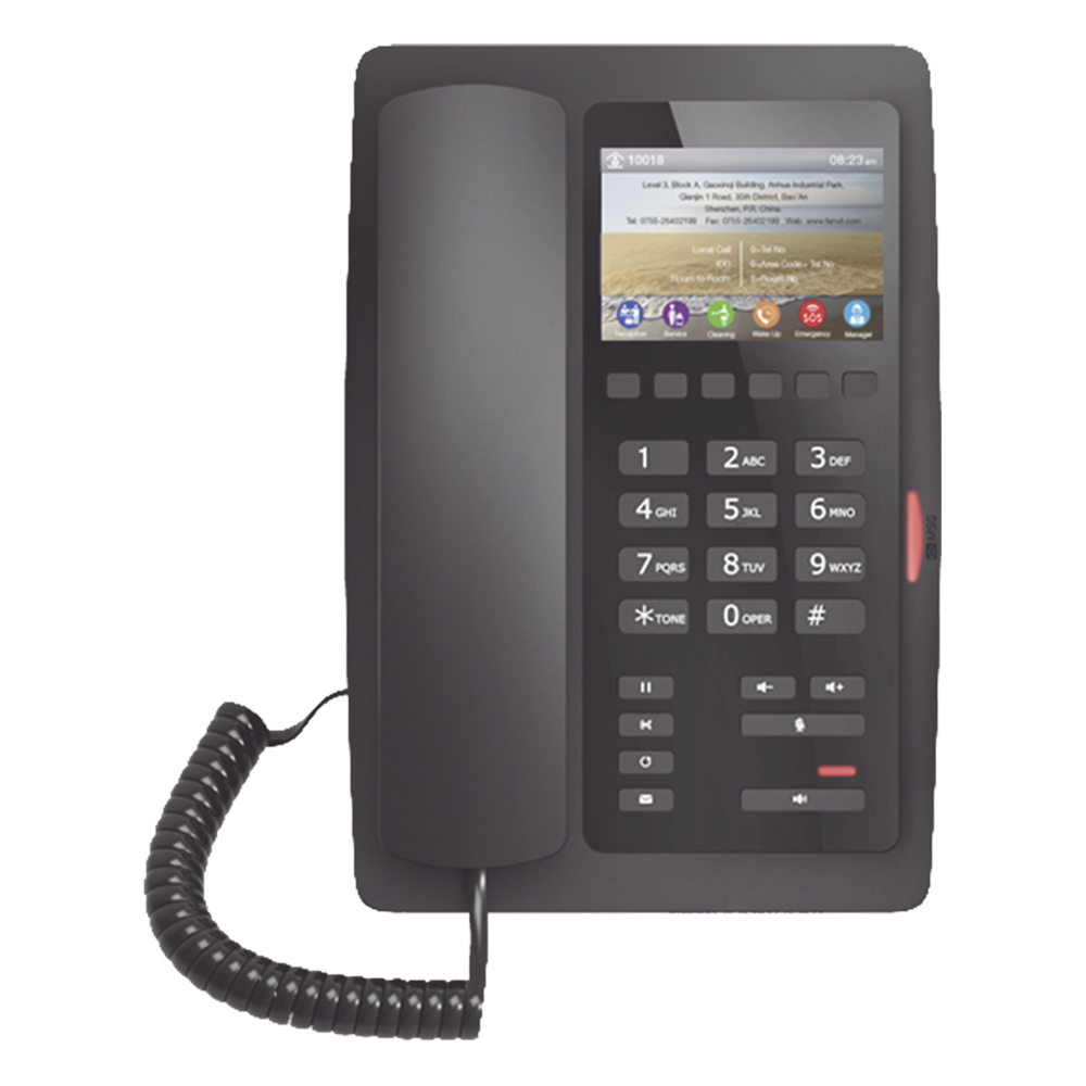 Teléfono IP Hotelero / Pantalla LCD Color 3.5" / 2 Líneas SIP / 6 Teclas Programables Hotline / Puerto USB Carga / PoE 802.3af / Personalizable con Logo Hotel