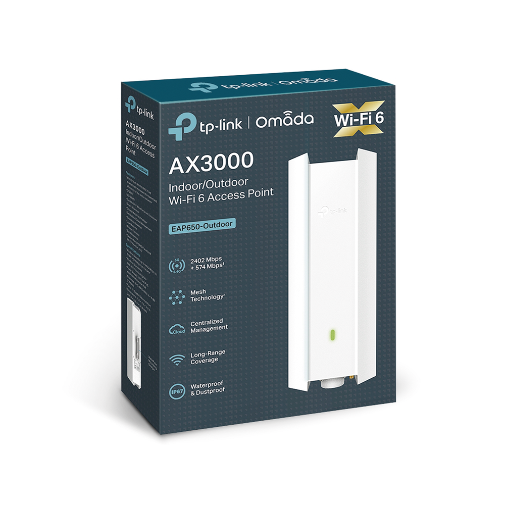 Punto de Acceso Omada Exterior-Interior / Wi-Fi 6 AX3000 MU-MIMO 2x2 / Mesh Omada / Alta Densidad de Usuarios / Configuración por Controlador o Stand-Alone / Para Montaje en Mástil/ Pared / Alimentación PoE+