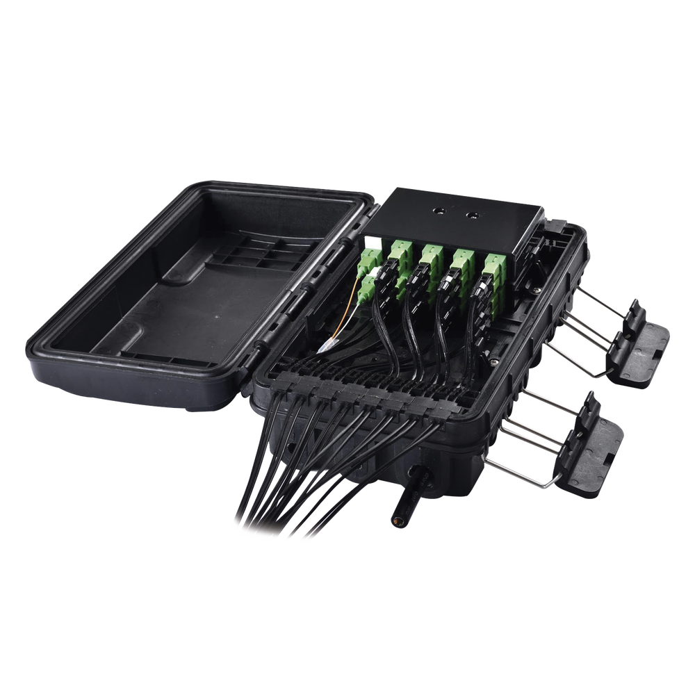 Caja de Distribución de Fibra Óptica para 24 Empalmes, con 16 acopladores SC/APC simplex, Exterior IP65, Color Negro