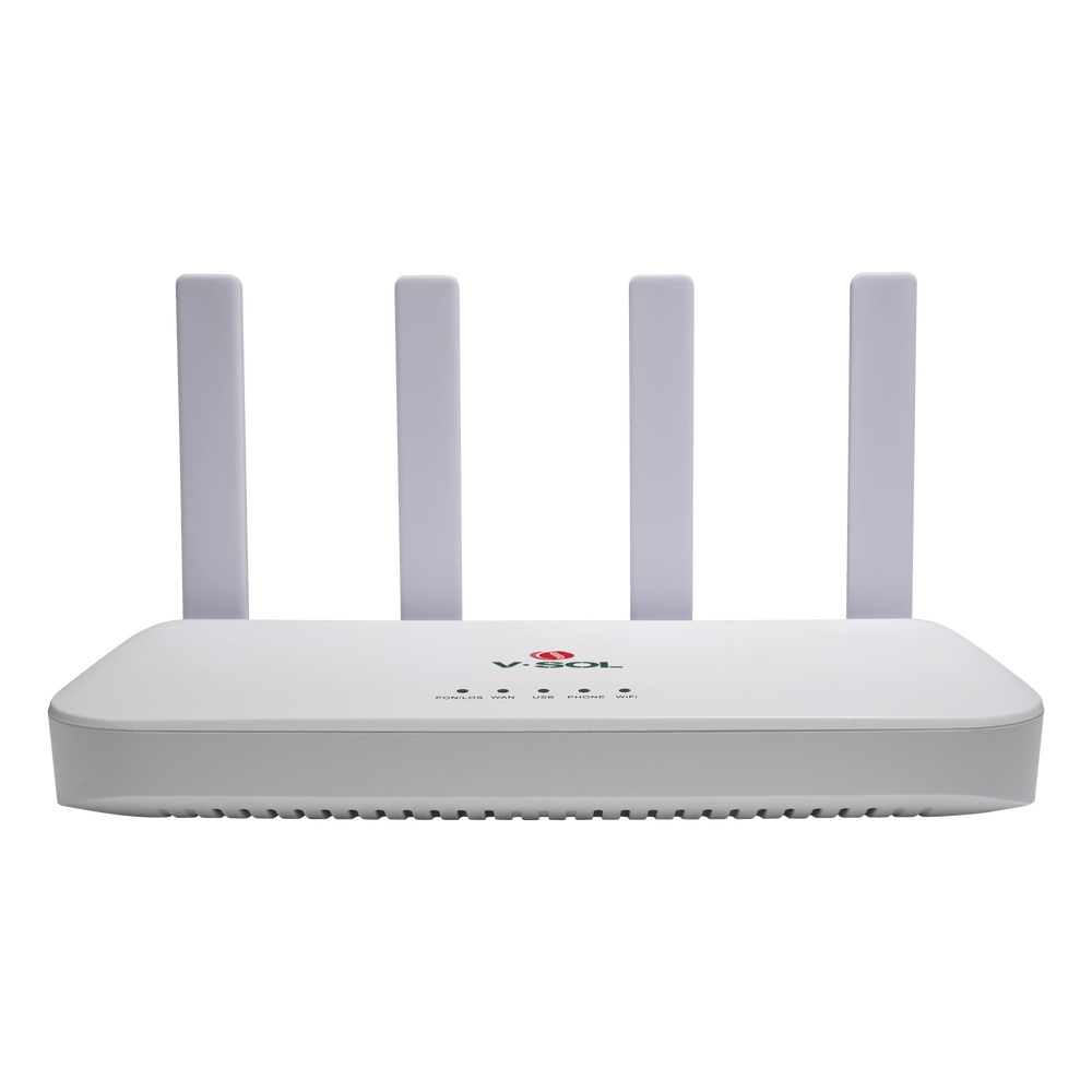 ONU XGSPON / Wi-Fi 6 / 1 Puerto RJ45 2.5 Gbps / 3 Puertos RJ45 1 Gbps / 1 FXS / 1 Puerto USB /