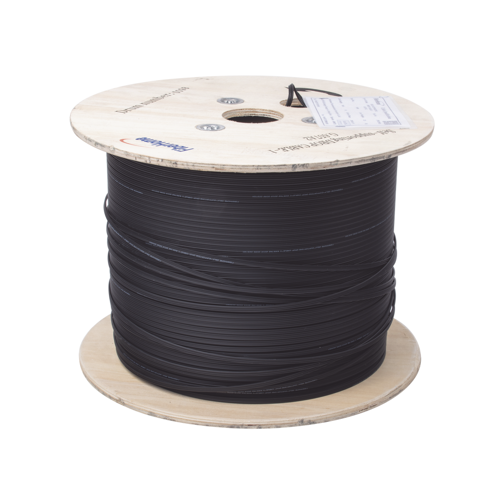 Carrete de 1 km de Fibra Óptica Aérea Mini Figura 8 G.657A2 Tipo Drop, Monomodo de 1 Hilo (Unifibra), Color Negro, Span 80