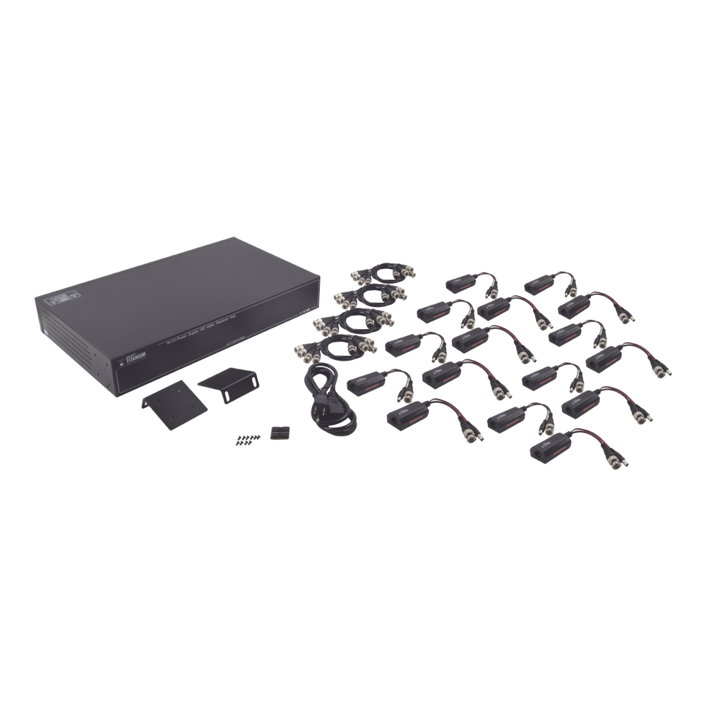 Kit de TRANSCEPTOR ACTIVO DE 16 Canales / VIDEO+PODER en un solo Cable UTP / 150m en 4K, 200m en 5 MP/ Envía 36 Vcc y recibe 12 Vcc / TODO INCLUIDO PARA RACK / Compatible con cámaras HD-TVI/CVI/AHD/CVBS / Instalación Limpia