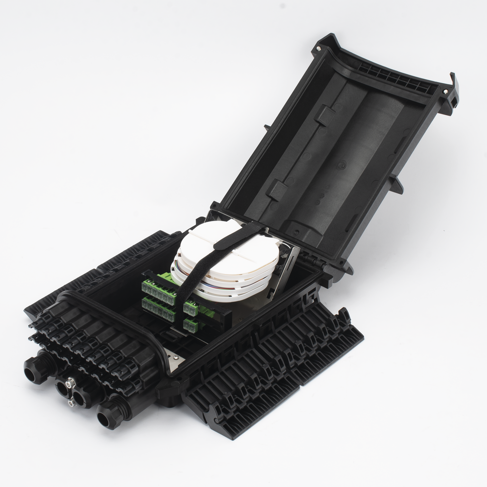 Caja de Distribución de Fibra Óptica para 24 Empalmes con 16 Acopladores SC/APC. Enterrado Directo, IP68, Splitter 1x16 Incluido con Conectores SC/APC