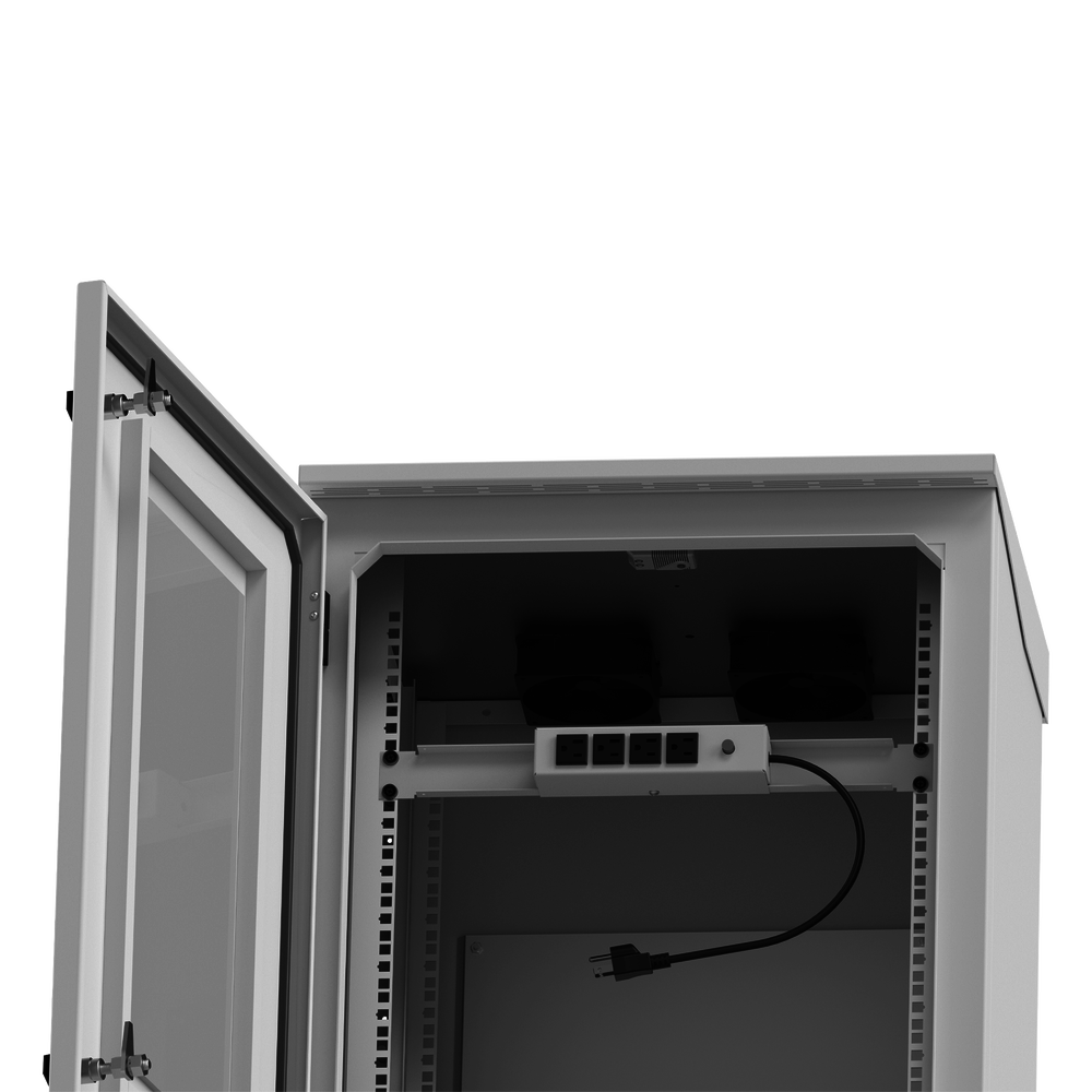 Gabinete de Exterior con Rack de 19" de 16U con Ventiladores y Termostato, Se envía el Gabinete Armado. (Montaje a poste o torre se vende por separado).