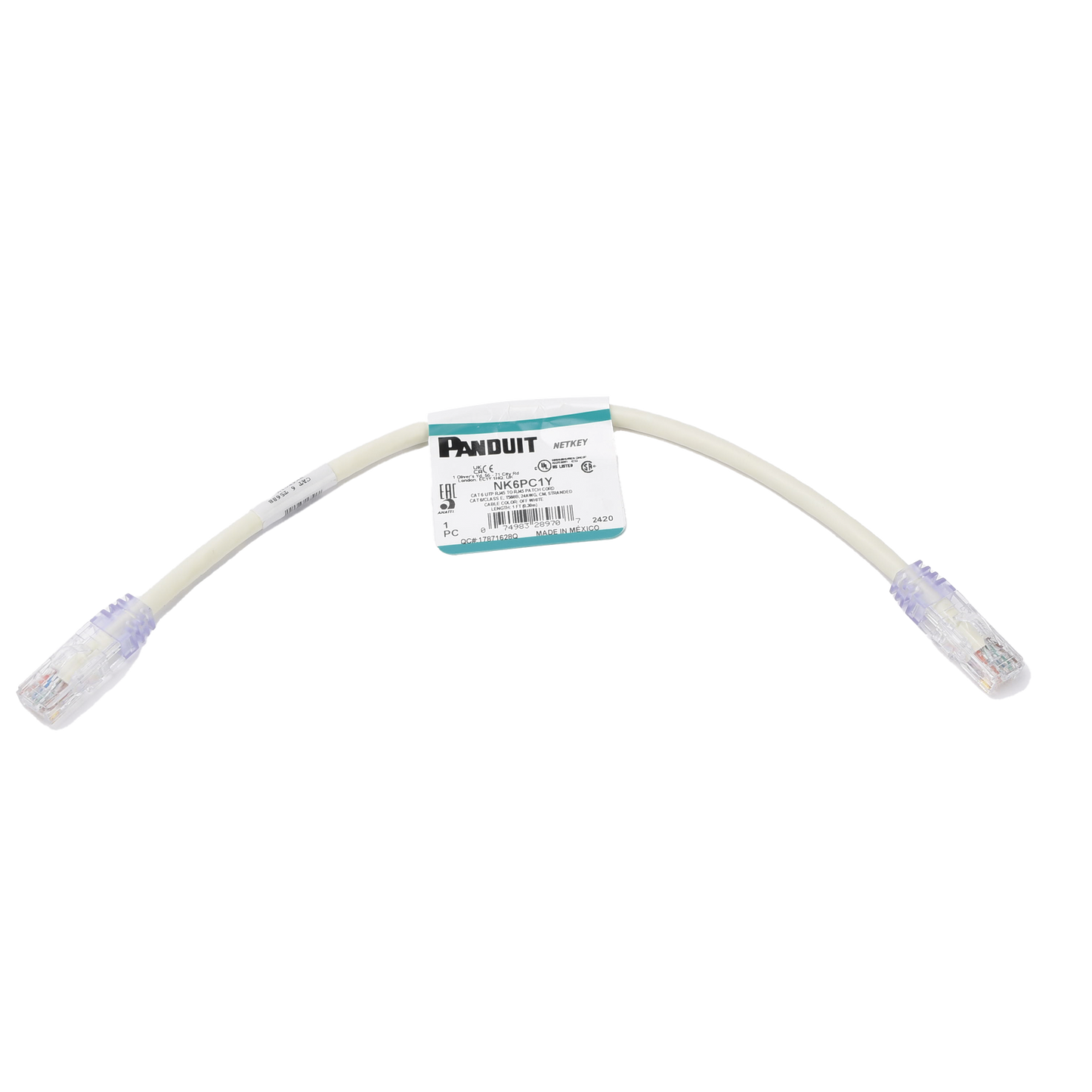 Cable de Parcheo UTP Categoría 6, con Plug Modular en Cada Extremo - 0.3 Metros (1 Pie) - Blanco