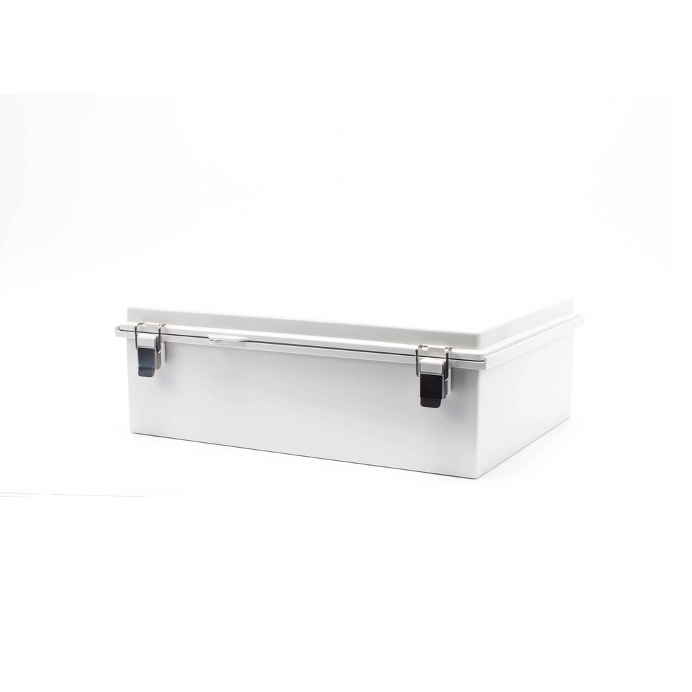 Gabinete de Plástico ABS, Uso en Intemperie IP66 (350 x 460 x 160 mm) Cierre por Broche Inoxidable y Permite Cerrado con Candado y Llave (Perno 5mm) No Incluido