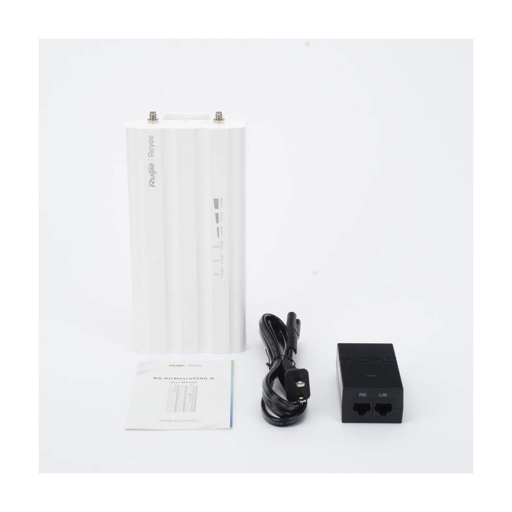 Estación Base Conectorizada 5 GHz PtP PtMP / 802.11ac Wave2 867 Mbps / 30 dBm (1,000 mW) / 32 Clientes / Auto-Emparejamiento WPS / Doble Puerto Gigabit PoE / IP55 -40°C a +80°C / Ruijie Cloud