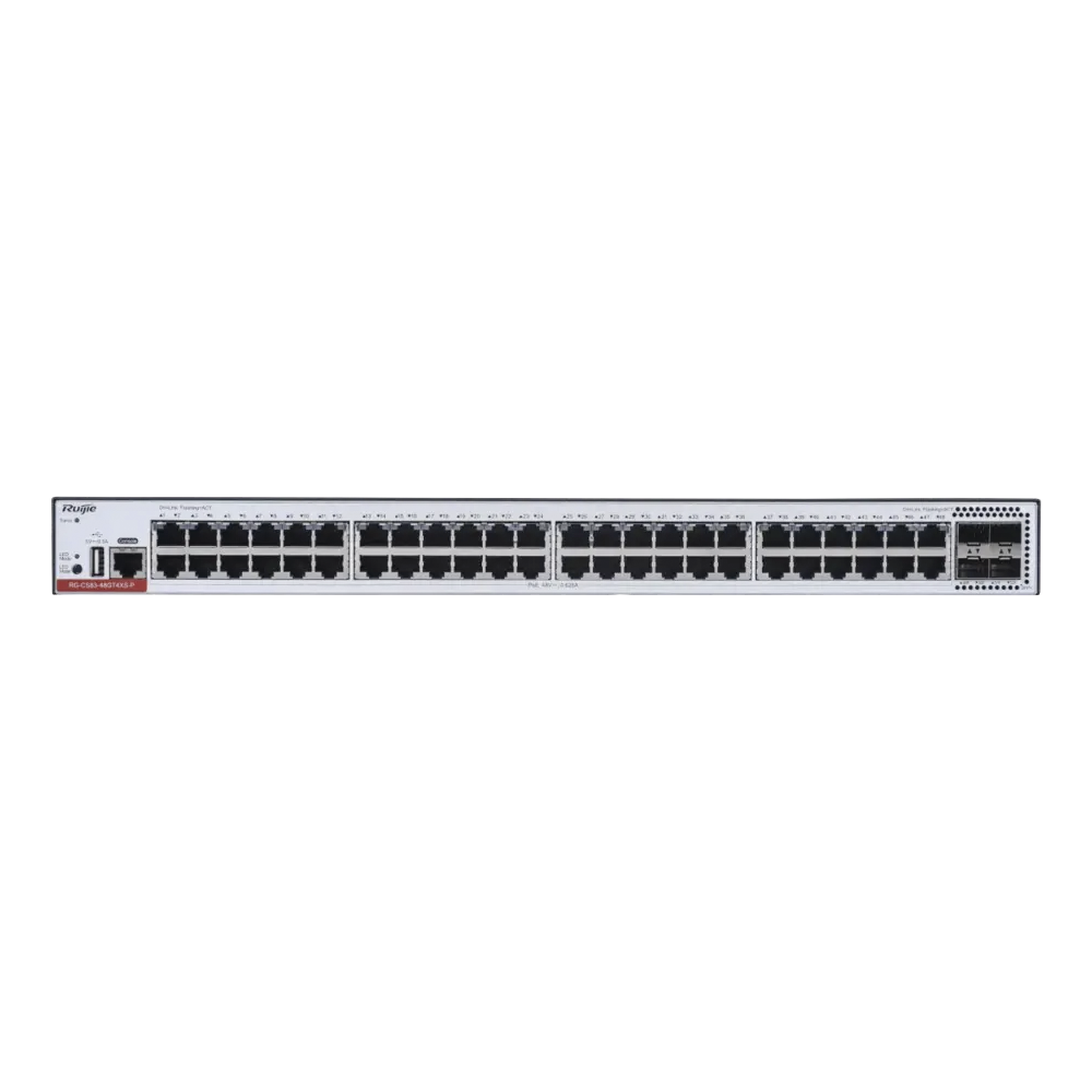 RG-CS83-48GT4XS-PD Switch Administrable Capa 3 PoE con 48 puertos Gigabit 802.3af/at + 4 SFP+ para fibra 10Gb, hasta 1,480 watts, gestión gratuita desde la nube.