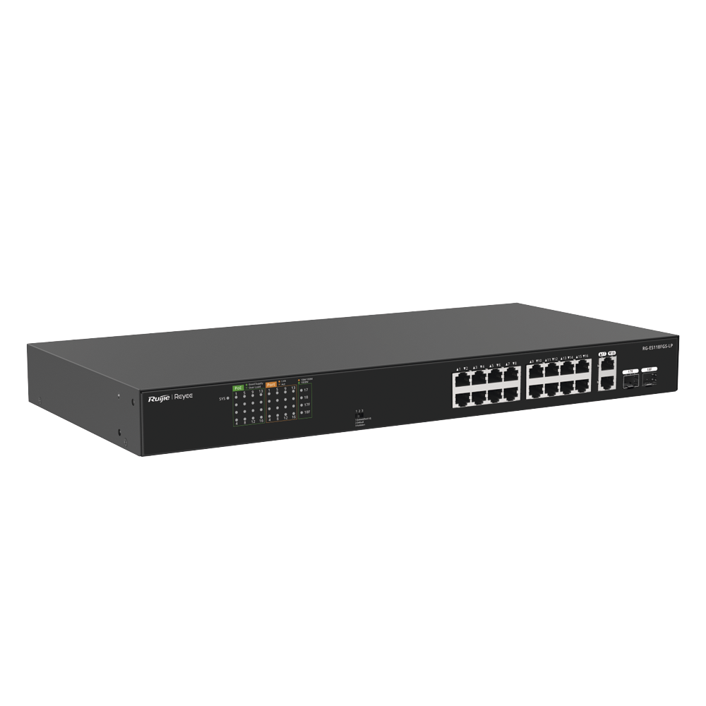 Switch PoE+ no Administrable, Hasta 120 Watts, Ideal para CCTV, 16 Puertos PoE +10/100, 2 Uplinks Gigabit y 2 SFP COMBO