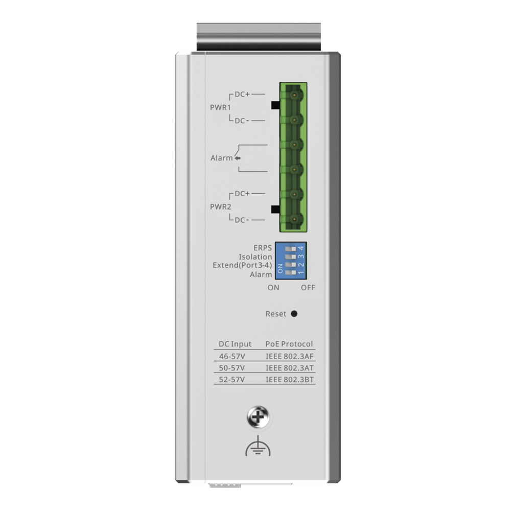 Switch Industrial PoE+ hasta 180 watts , Ideal para temperaturas Extremas y protección contra descargas, 1 puerto PoE++ 60W y 3 puertos PoE+ 30W, 2 SFP Uplink