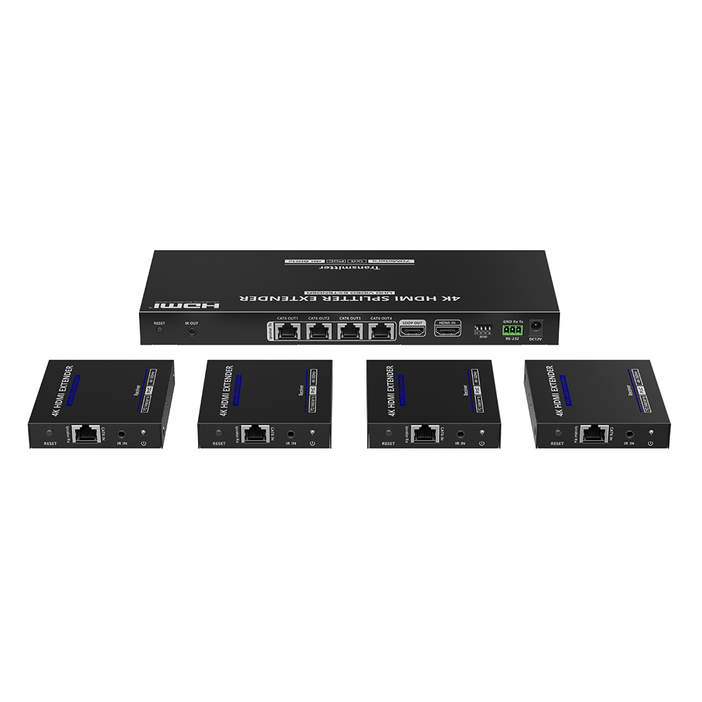 Kit Divisor y Extensor HDMI | 1x4 | Hasta 70 m |Resolución 4K @ 60 Hz |  Cat 6/6a/7 | IPCOLOR | CERO LATENCIA  | EDID | RS232 | Salida Loop / PoC