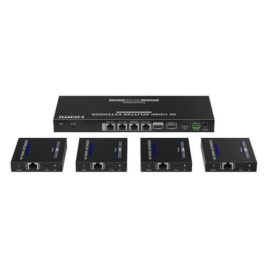 Kit Divisor y Extensor HDMI | 1x4 | Hasta 70 m |Resolución 4K @ 60 Hz |  Cat 6/6a/7 | IPCOLOR | CERO LATENCIA  | EDID | RS232 | Salida Loop / PoC