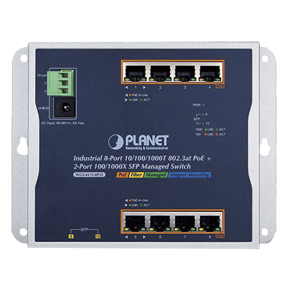 Switch Industrial PoE Administrable de Pared Capa 2, 8 Puertos Gigabit PoE 802.3at y 2 Puertos 100/1000X SFP