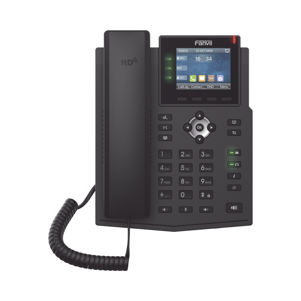 Teléfono IP / 6 Líneas SIP / Pantalla LCD a Color 2.8" / Audio HD G.722 y Opus / Conferencia 3 Vías / Puertos Gigabit / PoE 802.3af / OpenVPN / IPv6