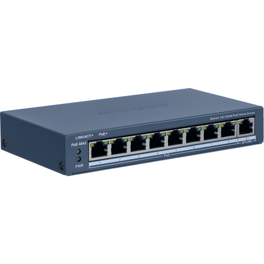 Switch PoE+ / Monitoreable / 8 Puertos 10/100 Mbps PoE+ / 1 Puerto 1000 Mbps Uplink /  Configuración Nube Hik-Partner Pro / Modo Extendido hasta 300 metros / 60 W