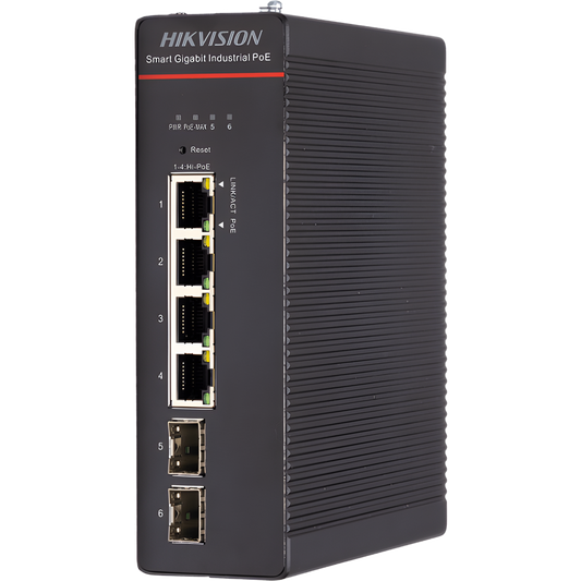 Switch Industrial / Administrable Gigabit / 4 Puertos Gigabit HiPoE (90 W) / 2 Puertos SFP / 300 W Total / 48 a 57 VCD / Ideal para Proyectos / 300 Metros de Distancia