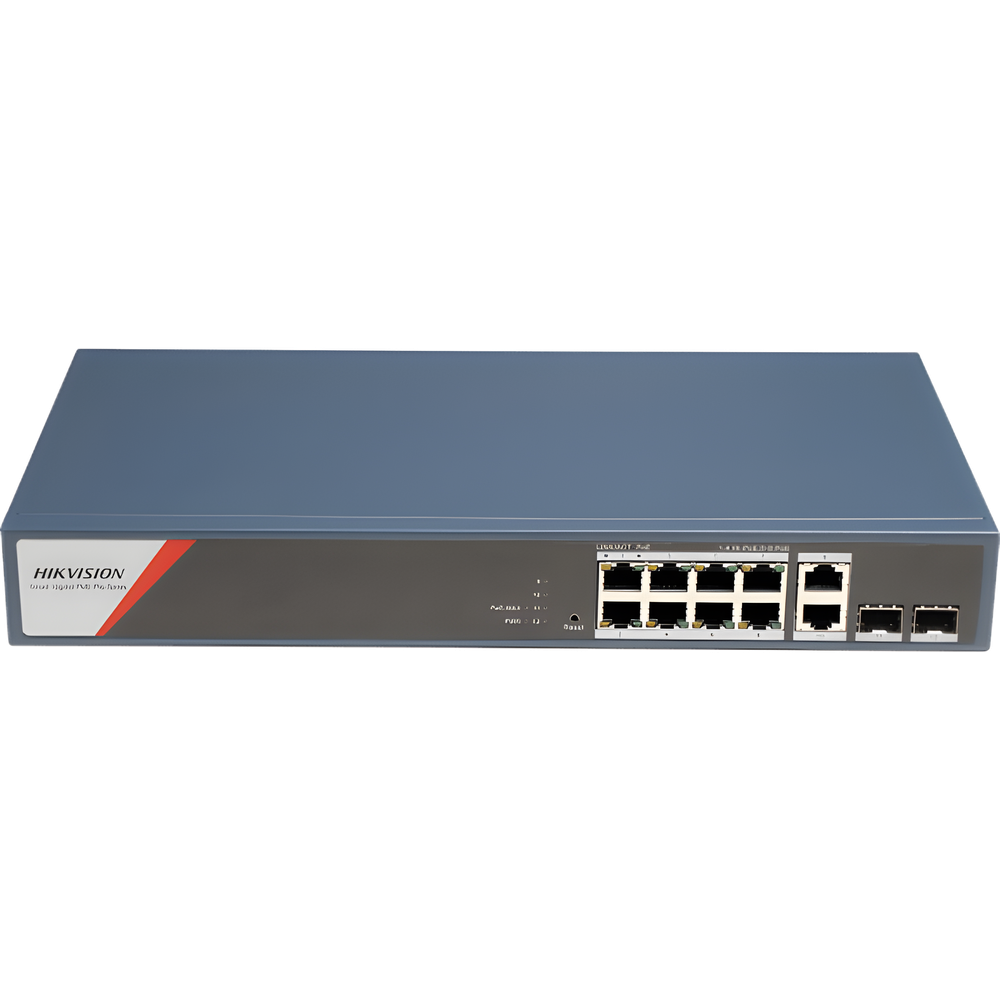Switch Gigabit PoE+ / Administrable / 8 Puertos 1000 Mbps PoE+(4 Puertos PoE++ 90 W) / 2 Puertos 1000 Mbps de Uplink / 2 Puertos SFP / Configuración Nube Hik-PartnerPro / Modo Extendido hasta 300 Metros / 130 W