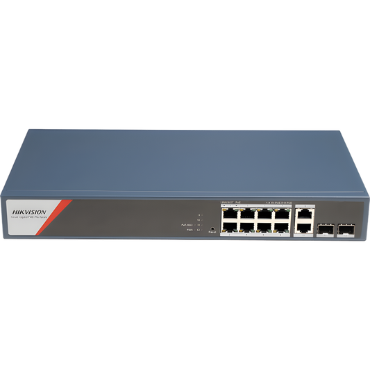 Switch Gigabit PoE+ / Administrable / 8 Puertos 1000 Mbps PoE+(4 Puertos PoE++ 90 W) / 2 Puertos 1000 Mbps de Uplink / 2 Puertos SFP / Configuración Nube Hik-PartnerPro / Modo Extendido hasta 300 Metros / 130 W