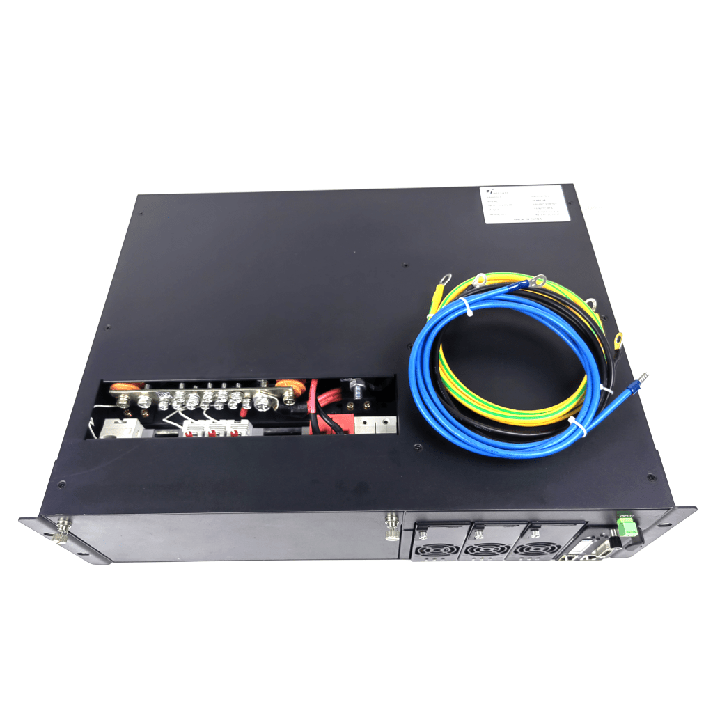 Rectificador de Energía AC 110 Vac / –48 V de Alta Eficiencia, 90 A y 5400 W, 3 UR para Telecomunicaciones como equipos OLTs Modulares / Cargador de Baterias de Litio