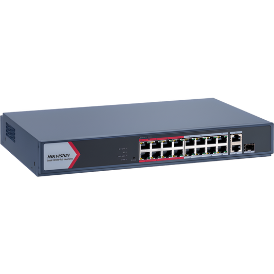Switch PoE+ / Monitoreable / 16 Puertos 10/100 Mbps PoE+ / 2 Puertos 1000 Mbps Uplink / 1 Puerto SFP Uplink / Modo Extendido hasta 300 Metros / 130 W