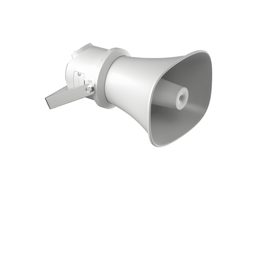 Bocina (Altavoz IP ) | Tipo Trompeta | 7 Watts | No requiere amplificador | PoE+ | Exterior IP67 | Metal | Voceo en tiempo real | Calendarización de audios | Síntesis de Voz (TTS) | Entrada de alarma