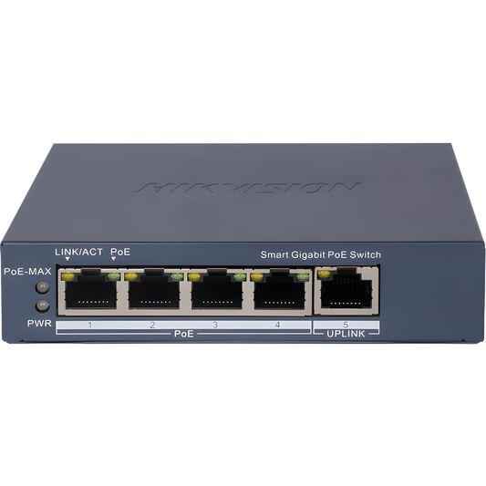 Switch Gigabit PoE+ / Administrable / 4 Puertos 1000 Mbps PoE+ / 1 Puerto 1000 Mbps Uplink / Configuración Nube Hik-PartnerPro / Modo Extendido hasta 300 Metros / 60 Watts