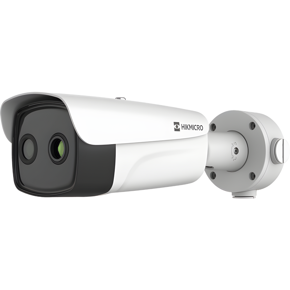(HIKMICRO) Bala IP Bi-espectral / Térmica (384 X 288 / 9.7 mm) + Óptica (4 MP / 6.4 mm) / IA GUANLAN / Rango: -20°C a 650°C / 2°C Margen / Detección de Fuego y Humo / Alarma Visual y Audible / Dual Light / PoE / IP67 / Ant