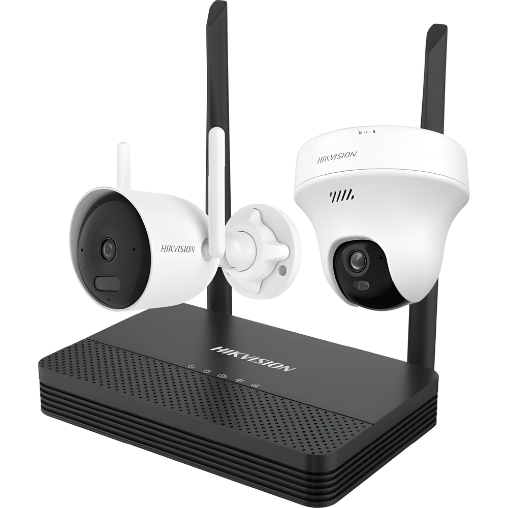 Kit IP Inalámbrico 2 Megapíxel / NVS 4 Canales / 1 Cámara Bala Exterior + 1 Cámara Turret Interior con Lente 2.8 mm y Dual Light / Audio Bidireccional (Micrófono y Bocina) / Soporta Micro SD de 512 GB
