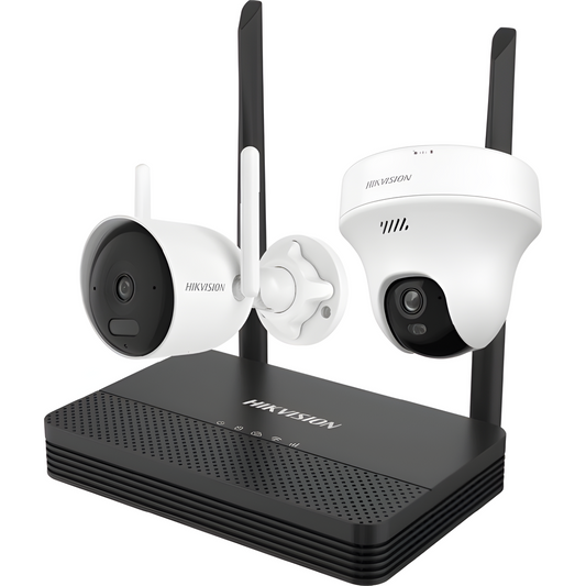 Kit IP Inalámbrico 2 Megapíxel / NVS 4 Canales / 1 Cámara Bala Exterior + 1 Cámara Turret Interior con Lente 2.8 mm y Dual Light / Audio Bidireccional (Micrófono y Bocina) / Soporta Micro SD de 512 GB
