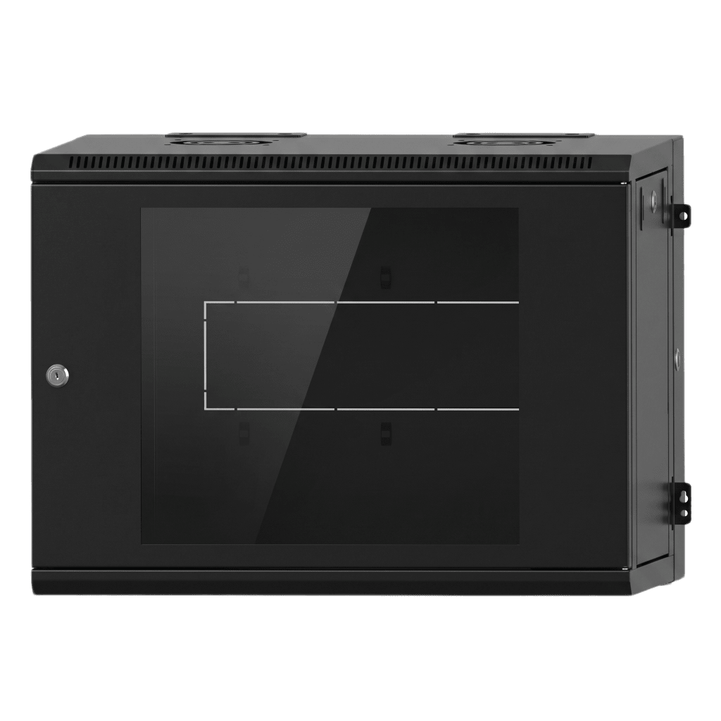 Gabinete Rackeable / 09 Unidades / Pared 19 Pulgadas / Puerta de Cristal / Acero Calibres 18-22 / Carga 80 kg / Dimensiones 634x632x468 mm (25x24.9x18.4 in) / Abatible 120° / Ventilación