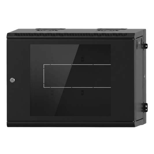Gabinete Rackeable / 09 Unidades / Pared 19 Pulgadas / Puerta de Cristal / Acero Calibres 18-22 / Carga 80 kg / Dimensiones 634x632x468 mm (25x24.9x18.4 in) / Abatible 120° / Ventilación