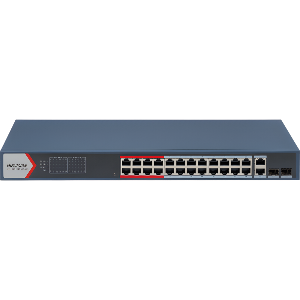 Switch PoE+ Administrable / 24 Puertos 10/100 Mbps PoE+ / 2 Puertos Gigabit Combo / 370 W / Modo Extendido 300 m / Hik-Partner Pro / 6 kV Protección