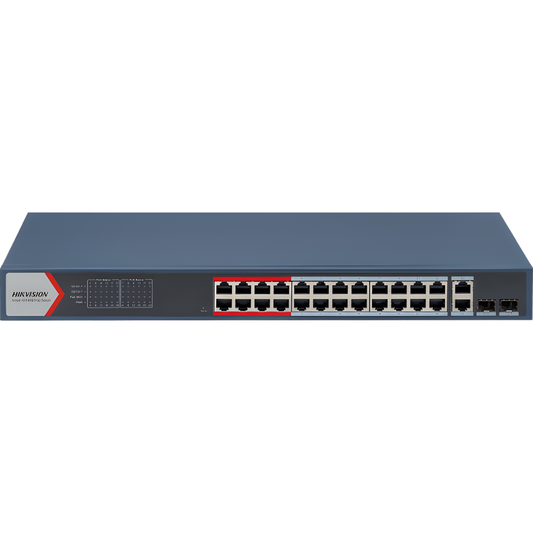 Switch PoE+ Administrable / 24 Puertos 10/100 Mbps PoE+ / 2 Puertos Gigabit Combo / 370 W / Modo Extendido 300 m / Hik-Partner Pro / 6 kV Protección