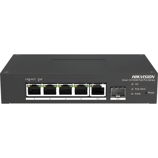 Switch PoE+ Industrial de Escritorio / Administrable / 4 Puertos 10/100 Mbps PoE+ / 1 Puerto 1000 Mbps Uplink / 1 Puertos SFP  /  Configuración Nube Hik-PartnerPro / Modo Extendido hasta 300 Metros / 60 Watts