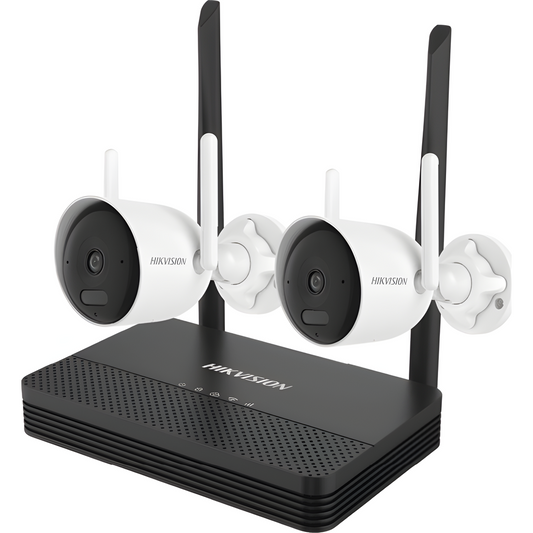 Kit IP Inalámbrico 4 Megapixel / NVS 4 Canales / 2 Cámaras Bala para Exterior con Lente 2.8 mm y Dual Light (30 mts IR + 30 mts Luz Blanca) / Audio Bidireccional (Micrófono y Bocina) / Soporta Micro SD de 512 GB