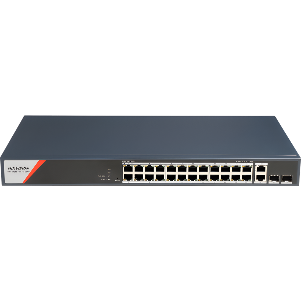 Switch Gigabit PoE+ / Industrial / Administrable / 24 Puertos 1000 Mbps PoE+ (4 Puertos PoE++ 90 W) / 2 Puertos 1000 Mbps de Uplink / 2 Puertos SFP / Configuración Nube Hik-PartnerPro / Modo Extendido hasta 300 Metros / 370 W